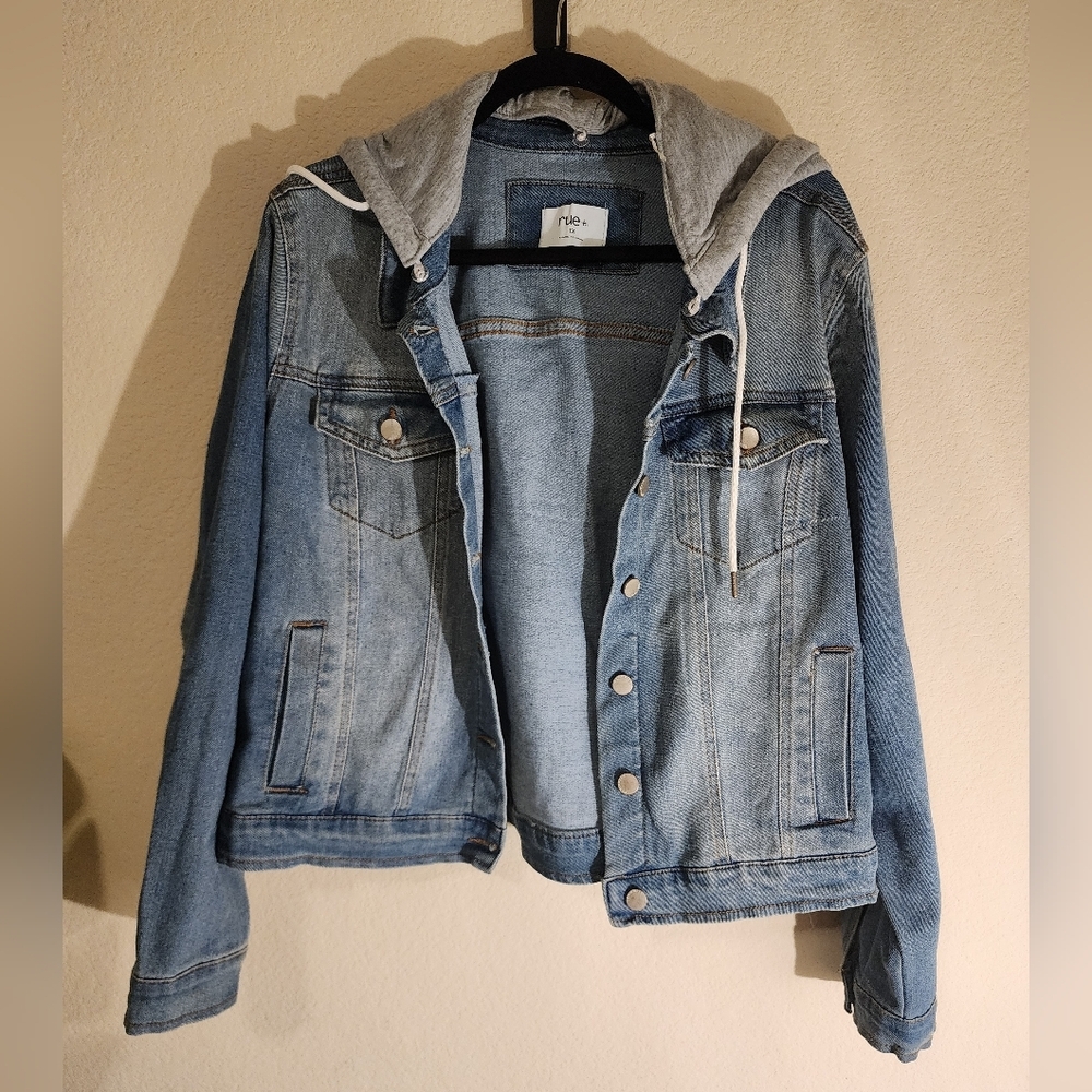 Women's Blue Denim Jacket with Gray Hood